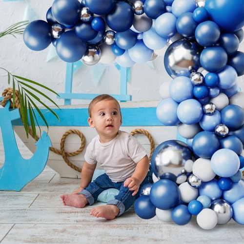RUBFAC 144pcs Blue Balloons Arch Garland Kit, 18/12/10/5 Inch Blue White and Silver Party Balloons Silver Confetti Latex Balloons for Birthday Wedding Baby Shower Deorations - Image 5