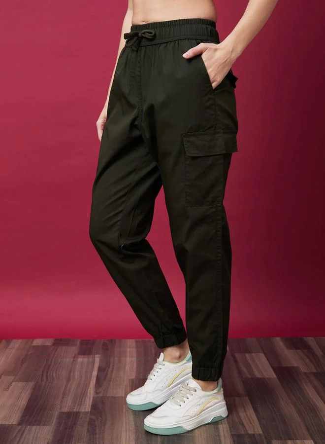 globus Globus Solid Mid-Rise Elasticated Waist Cargo Joggers with Drawstring