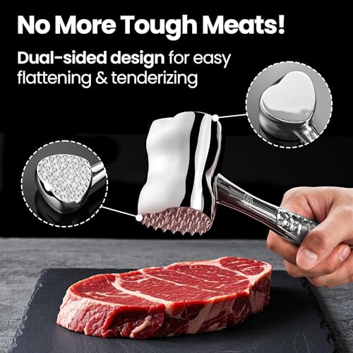 Gourmet Easy Stainless Steel Meat Tenderizer Tool, Premium Meat Mallet with Non-Slip Grip, Dual-Sided with Heart Shape Design for Tenderizing Steak, Poultry & Chicken Cutlet, Dishwasher Safe, Lifetime Replacement - Image 3