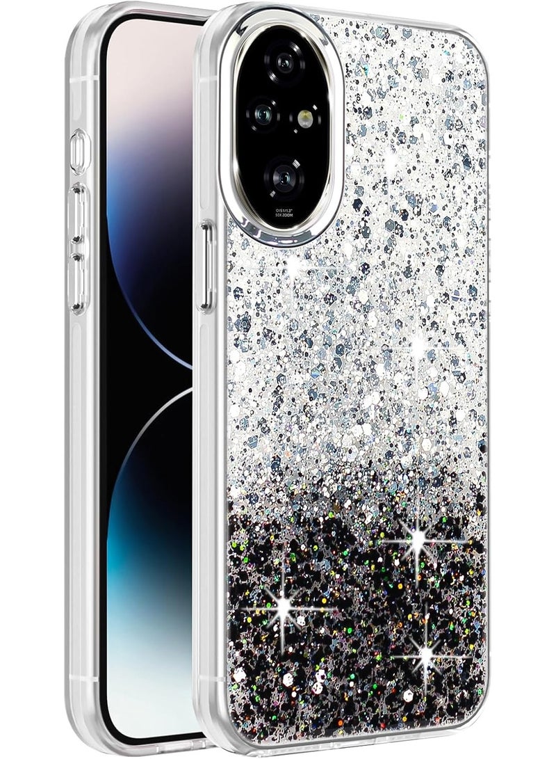 Compatible with Honor 200 Case, Clear Glitter Bling Sparkly, Soft TPU Frame Bumper, Hard-Back Cover for Women & Girls, Transparent Protective Phone Case (White Black) - Image 1