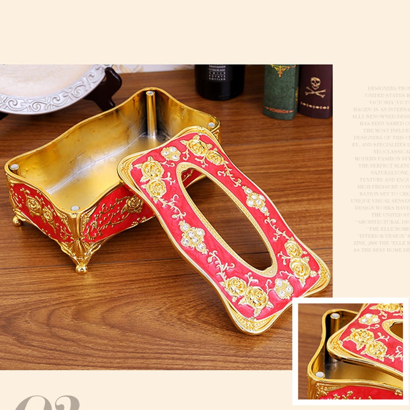 Luxury Tissue Box Elegant Chic Napkin Case Holder Hotel Decoration European-style Retro Household Tissue Box Desktop Paper Storage Napkin Holder Box(Red) - Image 4