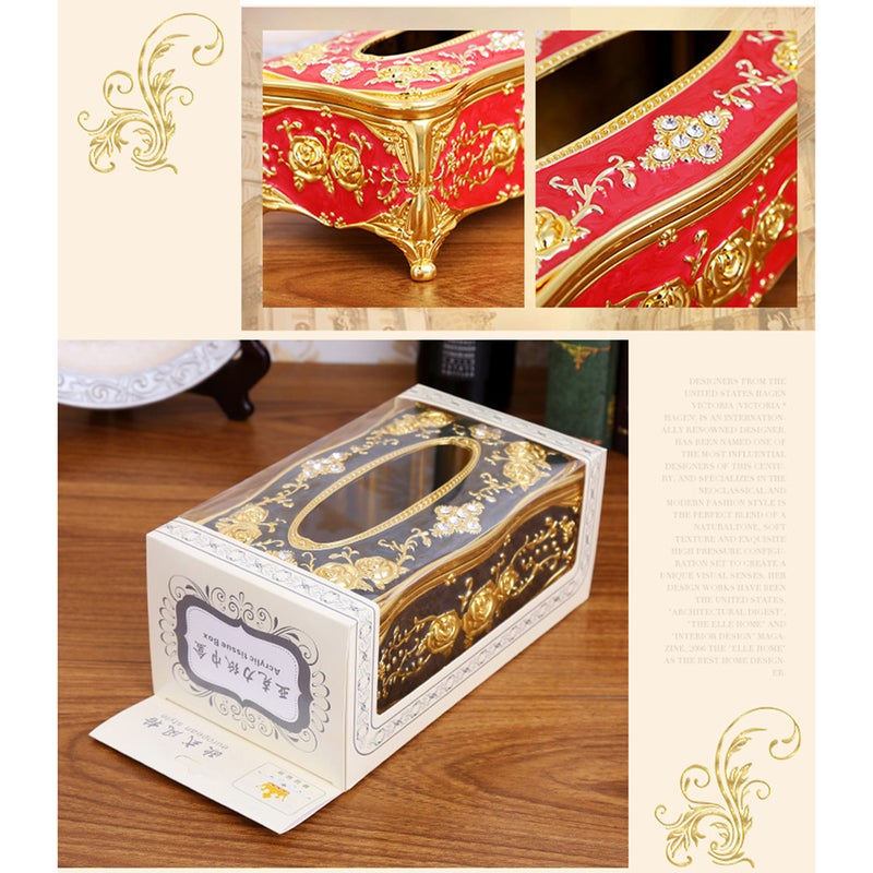 Luxury Tissue Box Elegant Chic Napkin Case Holder Hotel Decoration European-style Retro Household Tissue Box Desktop Paper Storage Napkin Holder Box(Red) - Image 3