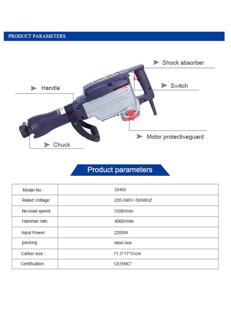 High Quality Power Tools 65 Electric Demolition Hammer 2200W