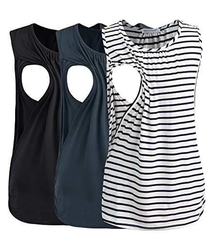 Smallshow Women's Maternity Nursing Tank Tops Breastfeeding Clothes 3-Pack Medium Black-Dark Grey-White Stripe - Image 1