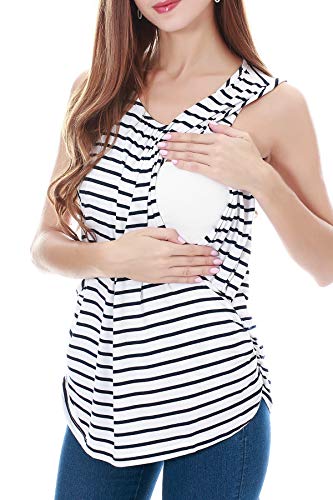 Smallshow Women's Maternity Nursing Tank Tops Breastfeeding Clothes 3-Pack Medium Black-Dark Grey-White Stripe - Image 3