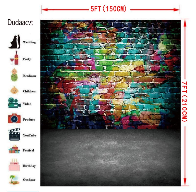 Dudaacvt Graffiti Photography Backdrop, 5x7 ft Colorful Brick Wall Vintage Cement Floor Backdrop for Studio Props Photo Background - Image 2