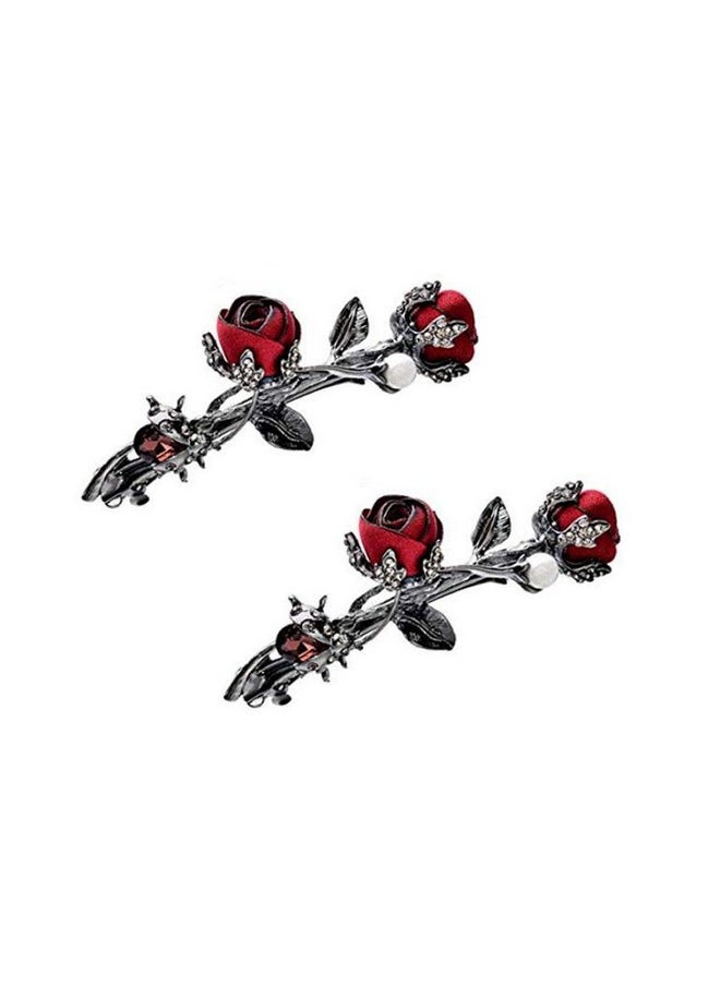 Suoirblss Elegant Rose Bridal Hair Clips Women Hair Accessories Brides Maids Headpiece Rose Flower Style Hair Pin Barrettes Spring Clip (Red)  - Image 3