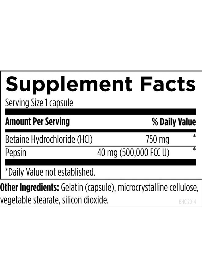 designs for health - Betaine HCl with Pepsin - 750mg Betaine Hydrochloride + Protein Digestive Enzyme - Non-GMO Supplement to Support Digestive Function (120 Capsules) - Image 1