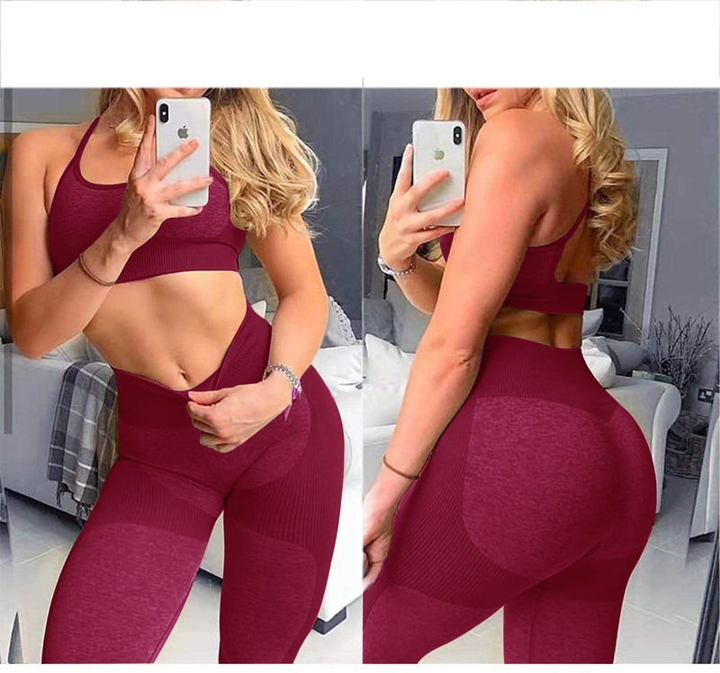 OLCHEE Womenâ€™s Workout Sets 2 Piece - Seamless Yoga Leggings and Cross-Strap Sports Bra Gym Outfits Activewear Matching Set - Red Medium - Image 5