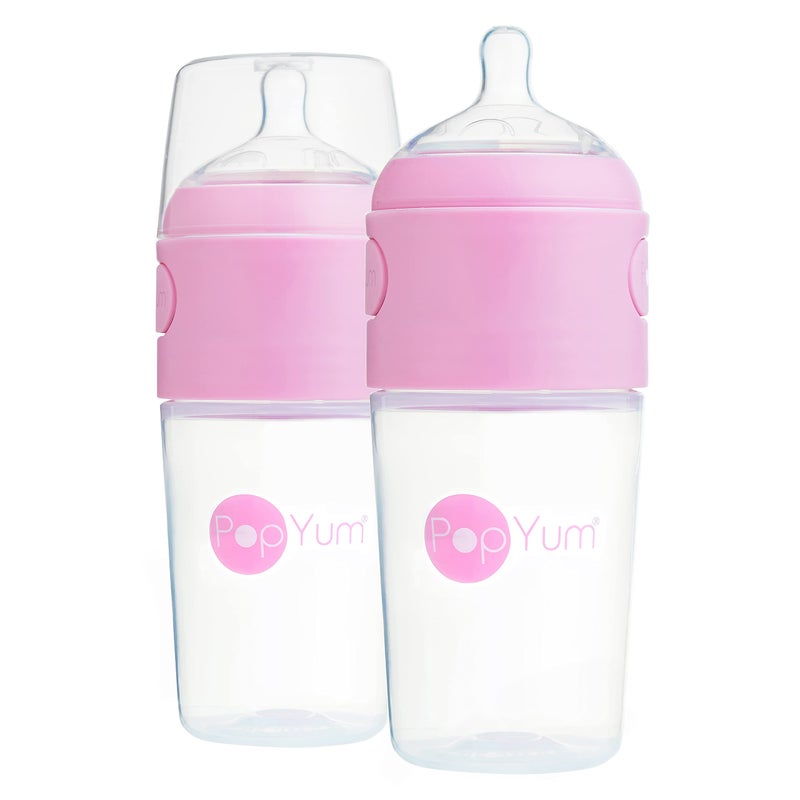 PopYum 9 oz Pink Anti-Colic Formula Making/Mixing/Dispenser Baby Bottles, 2-Pack with #2 Medium Flow Nipples, 260 ml, BPA-Free, Natural Latch - Image 1