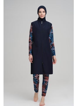 Nehar Sleeve and Tights Patterned Navy Blue Vest 3 Piece Hijab Swimsuit Set 2230  - Image 1