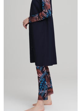 Nehar Sleeve and Tights Patterned Navy Blue Vest 3 Piece Hijab Swimsuit Set 2230  - Image 4