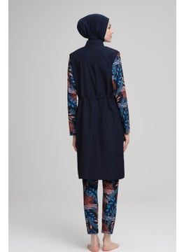 Nehar Sleeve and Tights Patterned Navy Blue Vest 3 Piece Hijab Swimsuit Set 2230  - Image 2