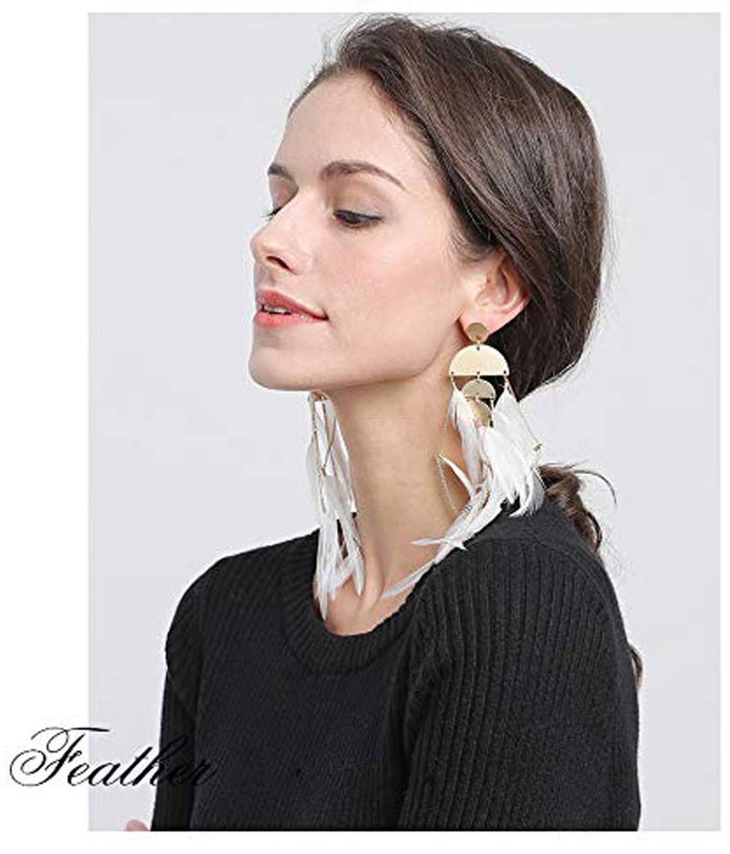 Badu Women Feather Earrings Long Tassel Bohemian Jewelry White Gold Wedding Accessories (Pure white) - Image 4