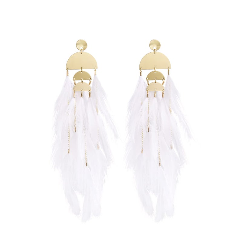 Badu Women Feather Earrings Long Tassel Bohemian Jewelry White Gold Wedding Accessories (Pure white) - Image 1