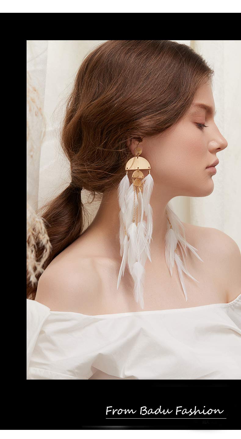 Badu Women Feather Earrings Long Tassel Bohemian Jewelry White Gold Wedding Accessories (Pure white) - Image 3