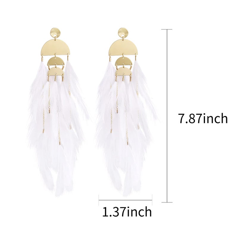 Badu Women Feather Earrings Long Tassel Bohemian Jewelry White Gold Wedding Accessories (Pure white) - Image 2