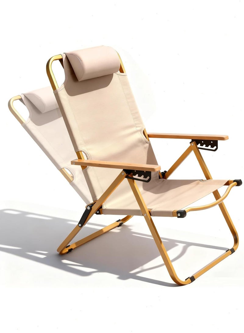 يواوليتي كرسي تخييم، كراسي شاطئ، كراسي شرفة قابلة للطي للاستخدام في الهواء الطلق، كراسي استلقاء للتشمس، كرسي استلقاء منخفض للنزهات، إكسسوارات التخييم (بيج) - Image 1