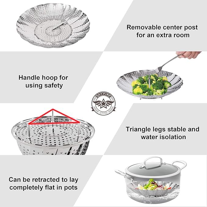 Sendria Sendria Vegetable Steamer Basket 8.5 INCH - Premium Stainless Steel Steamer for Kitchen, Momos Maker Steamer, Folding Expandable Steamer to Fits Various Size, Vegetable Steamer for Cooking - Image 3