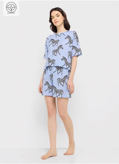 جينجر طقم بيجامة قطن بطبعة حمار وحشي - تيشيرت وشورت