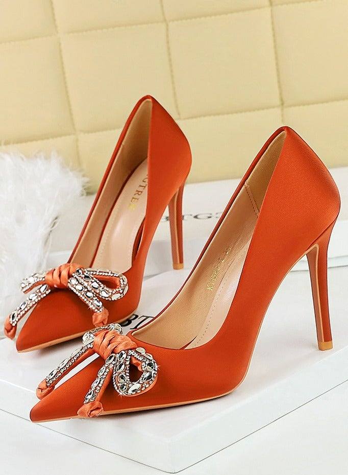 BIGTREE Women's Elegant Bowknot Party Stiletto Pumps Satin Pointed Closed Toe High Heels 10CM Orange