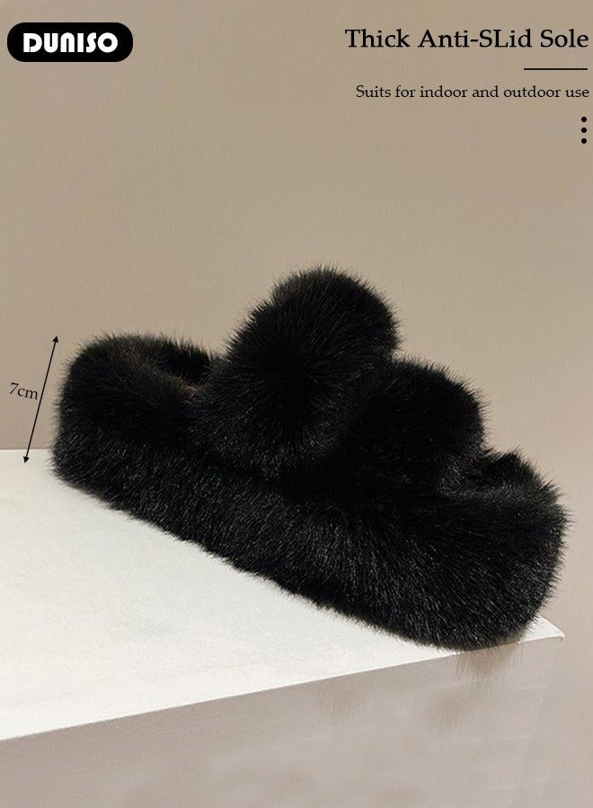 DUNISO Women's Fluffy Slippers, Fashion Warm Shoes Woman Slippers with Faux Fur, Comfortable Home Furry Slippers, Lightweight Non Slip House Slippers For Cozy Indoor Outdoor - Image 2