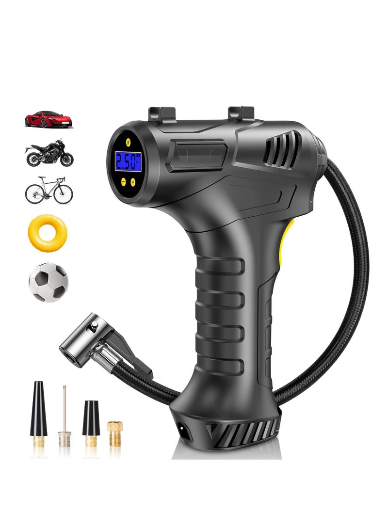 Cordless Tire Inflator Air Compressor, 12V USB Rechargeable Battery Portable Car Tire Pump Handheld Electric Digital Tire Pump with LED Light and 3 Nozzle Adapters for Car Motorcycle Bicycle - Image 1