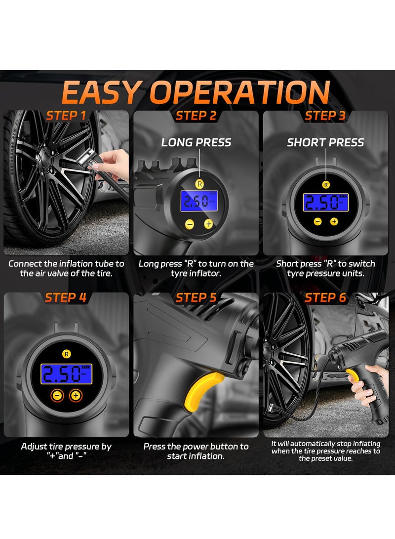 Cordless Tire Inflator Air Compressor, 12V USB Rechargeable Battery Portable Car Tire Pump Handheld Electric Digital Tire Pump with LED Light and 3 Nozzle Adapters for Car Motorcycle Bicycle - Image 3
