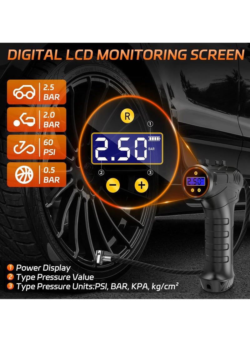 Cordless Tire Inflator Air Compressor, 12V USB Rechargeable Battery Portable Car Tire Pump Handheld Electric Digital Tire Pump with LED Light and 3 Nozzle Adapters for Car Motorcycle Bicycle - Image 2