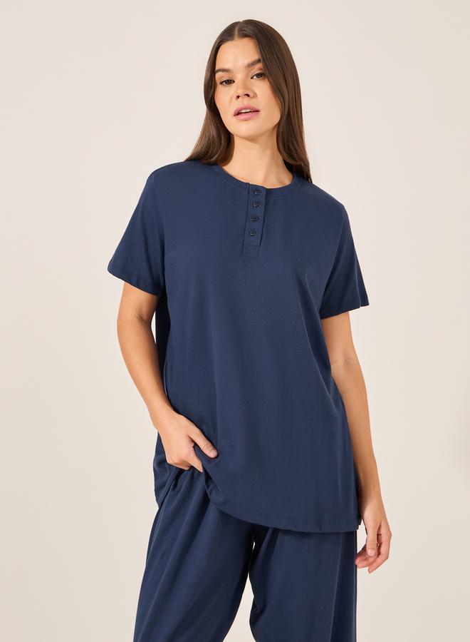 ستايلي طقم بيجامة نسائي أزرق كحلي بتيشيرت محبوك بياقة وأكمام مكشكشة - Image 3