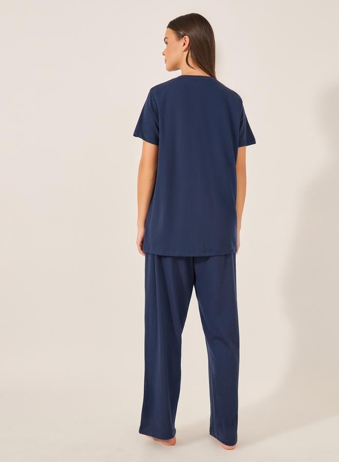 ستايلي طقم بيجامة نسائي أزرق كحلي بتيشيرت محبوك بياقة وأكمام مكشكشة - Image 5