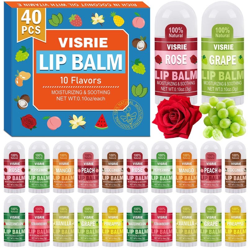 VISRIE 40 Pack Mini Lip Balm Bulk, Natural Lip Balm with Vitamin E & Beeswax, Moisturizing Lip Care for Dry Lips, Perfect for Party Favors, Care Packages & Small Gifts - Image 1