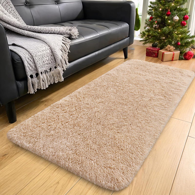 OLANLY 2x4 Machine Washable Runner Rugs for Hallway, Soft Fluffy Shaggy Bedside Rugs for Bedroom, Living Room, Indoor Floor Carpet for Kids Girls and Boys, Nursery Rooms, Home Decor Aesthetic, Beige - Image 1