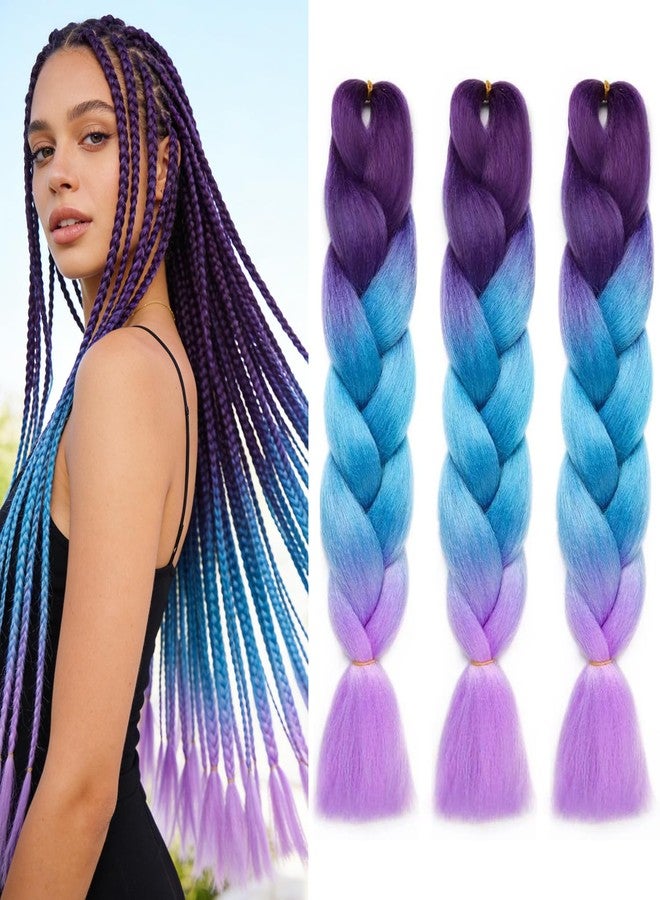 MAYSA Purple and Blue Braiding Hair Ombre Pre stretched Braiding Hair 24 Inch 3 Packs Soft Synthetic Fake Hair for Braids #Dark purple-Lake blue-Light purple - Image 1