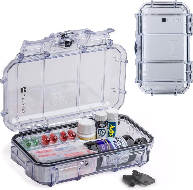 Evergreen X Seahorse 56 Medication Lock Box - Medium, First Aid Kit, Childproof, Empty Lockable Medicine Box to Store Medications, Diabetic Supplies, Needles. NO SUPPLIES INCLUDED (Clear + MedSafe)