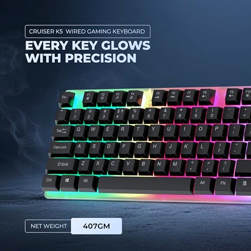 Geonix Cruiser K5, Wired Gaming Keyboard, 104 Keys, 1.5m Cable, 12 Multimedia Keys, USB Interface, RGB Colour, Plug and Play - Image 4