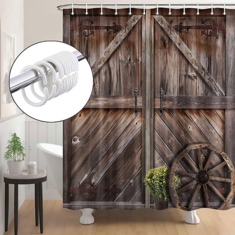Jipusai Rustic Barn Door Shower Curtains, Western Vintage Farmhouse Wood Board Retro Decor Curtain Sets for Bathroom Decor, Brown Wooden Countryside Bath Curtain with Hooks 70X70IN - Image 5