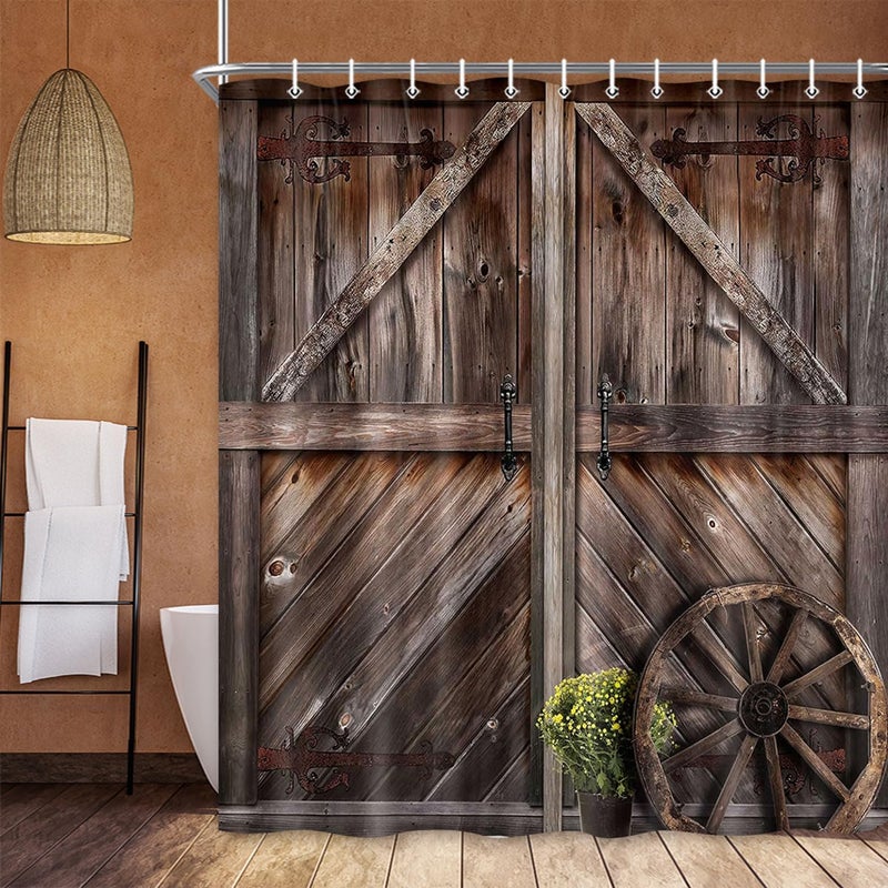 Jipusai Rustic Barn Door Shower Curtains, Western Vintage Farmhouse Wood Board Retro Decor Curtain Sets for Bathroom Decor, Brown Wooden Countryside Bath Curtain with Hooks 70X70IN - Image 3