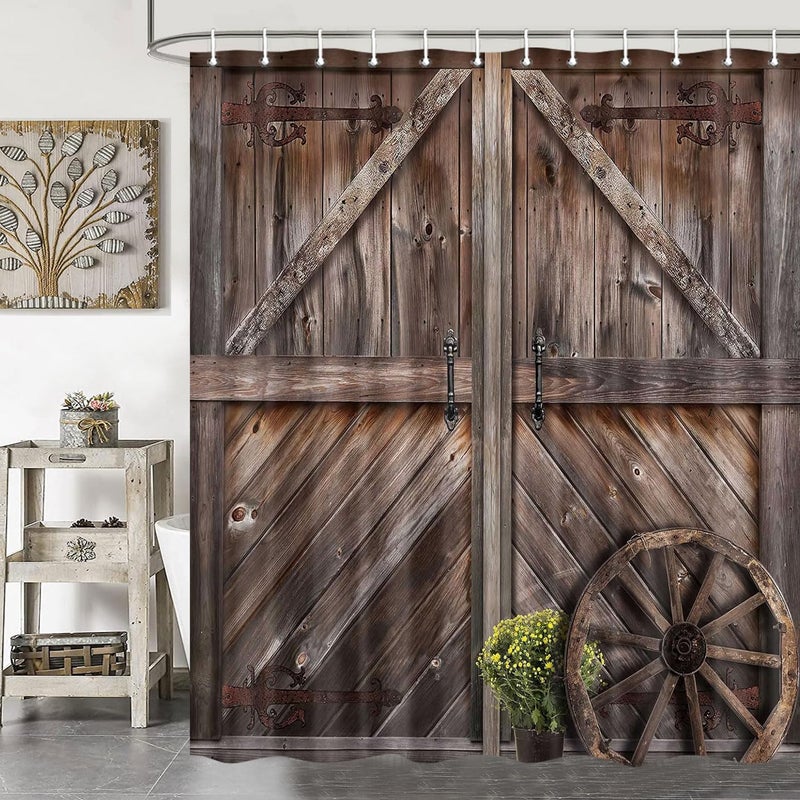 Jipusai Rustic Barn Door Shower Curtains, Western Vintage Farmhouse Wood Board Retro Decor Curtain Sets for Bathroom Decor, Brown Wooden Countryside Bath Curtain with Hooks 70X70IN - Image 4