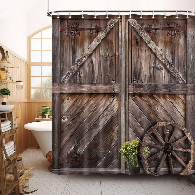 Jipusai Rustic Barn Door Shower Curtains, Western Vintage Farmhouse Wood Board Retro Decor Curtain Sets for Bathroom Decor, Brown Wooden Countryside Bath Curtain with Hooks 70X70IN - Image 2