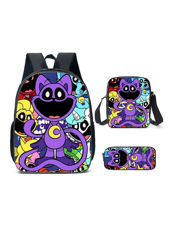 Smiling critters smiling animal purple cat primary and secondary school student schoolbag children's backpack backpack,Smiling Animals Three-piece Set 04