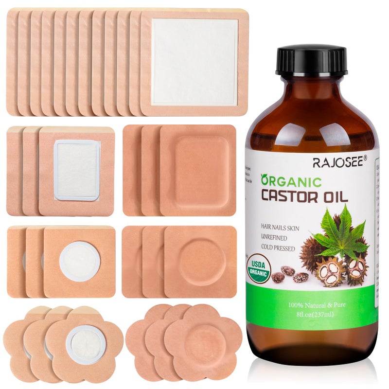 RAJOSEE 32Pcs Castor Oil Pack with Castor Oil Organic Cold Pressed Glass Bottle 8oz, Cotton Castor Oil Wrap for Waist Back Neck Arm, Self-Adhesive for Convenient Use - Image 1
