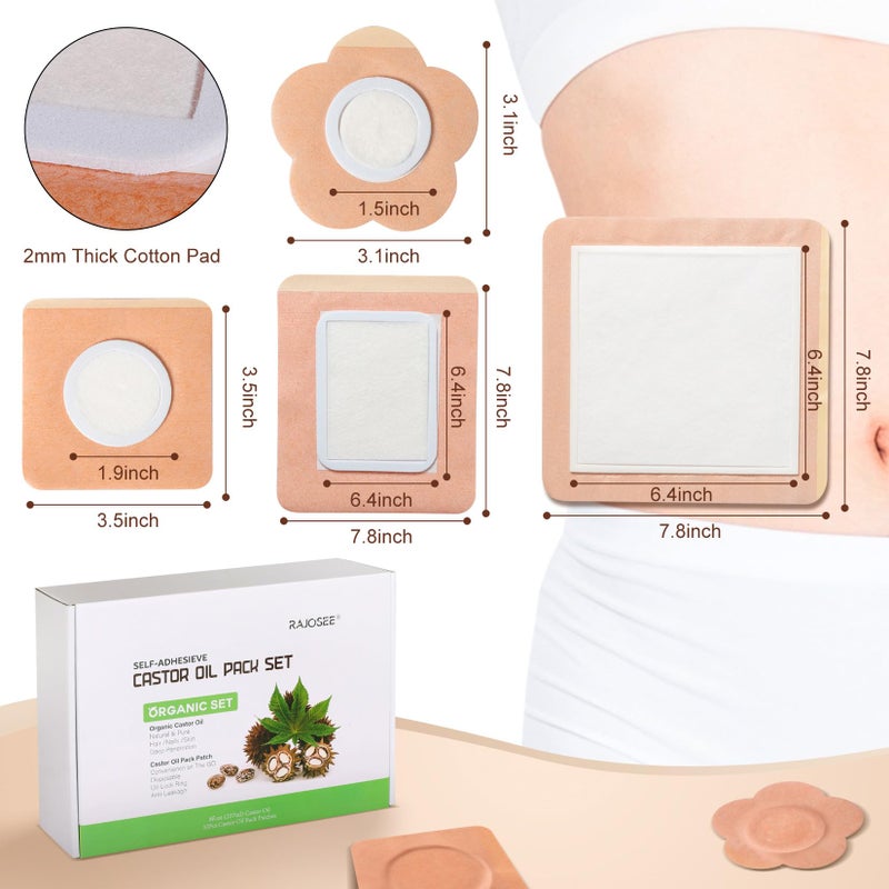 RAJOSEE 32Pcs Castor Oil Pack with Castor Oil Organic Cold Pressed Glass Bottle 8oz, Cotton Castor Oil Wrap for Waist Back Neck Arm, Self-Adhesive for Convenient Use - Image 4