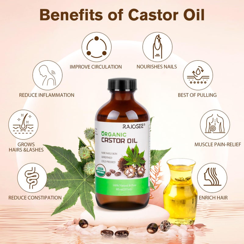 RAJOSEE 32Pcs Castor Oil Pack with Castor Oil Organic Cold Pressed Glass Bottle 8oz, Cotton Castor Oil Wrap for Waist Back Neck Arm, Self-Adhesive for Convenient Use - Image 2