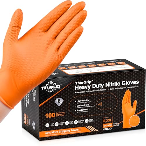 TitanFlex Heavy Duty Orange Nitrile Gloves, 6 Mil, X-Large, Industrial Raised Diamond Texture, Work Gloves Disposable Latex Free, Powder Free, Chemical Resistant, Mechanic Gloves(Box of 100) - Image 1