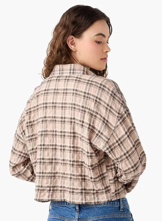 Lee Cooper Lee Cooper Regular Fit Checked Cropped Shirt with Long Sleeves