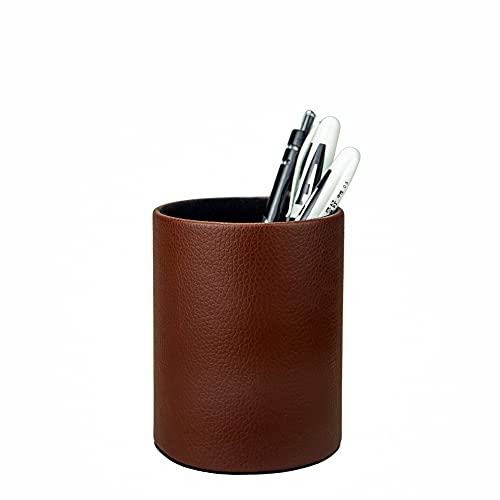 Fosinz Leather Pen Holder, Brown Pencil Holder, Desktop Elegant Pen Holder for Desk, Stationery Organizer for School Office Home Dorm (3.3" x 3.3" x 4", Brown) - Image 2