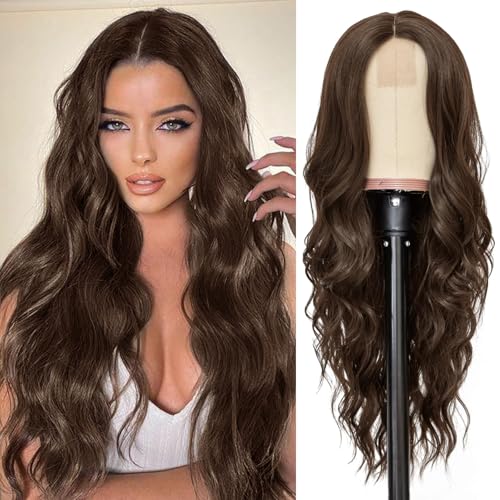 NAYOO Long Dark Brown Wavy Wig for Women 26 Inch Middle Part Curly Wavy Wig Natural Looking Synthetic Heat Resistant Fiber for Daily Party Use26 Inch Dark Brown - Image 1