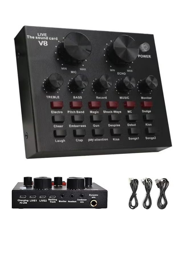V8 External Sound Card USB Live External Sound Mixer Board Voice Changer Sound Card with Multiple Sound Effects for Live Recording Home KTV Voice Chat - Image 1