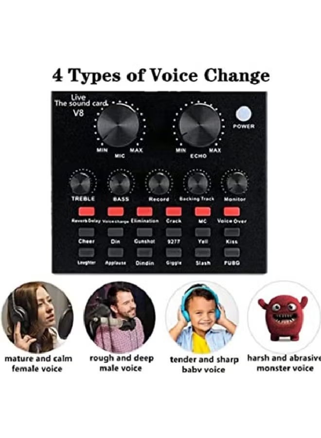 V8 External Sound Card USB Live External Sound Mixer Board Voice Changer Sound Card with Multiple Sound Effects for Live Recording Home KTV Voice Chat - Image 5